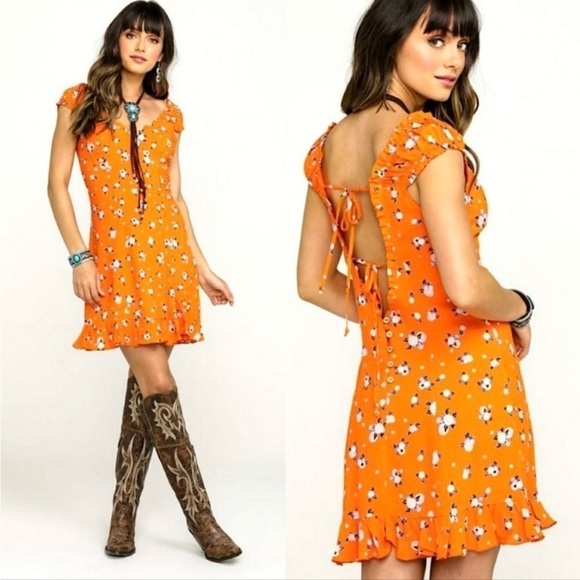 NEW Free People Like a Lady Mini Dress Orange Printed Lined Size S Linen Blend - Picture 1 of 16